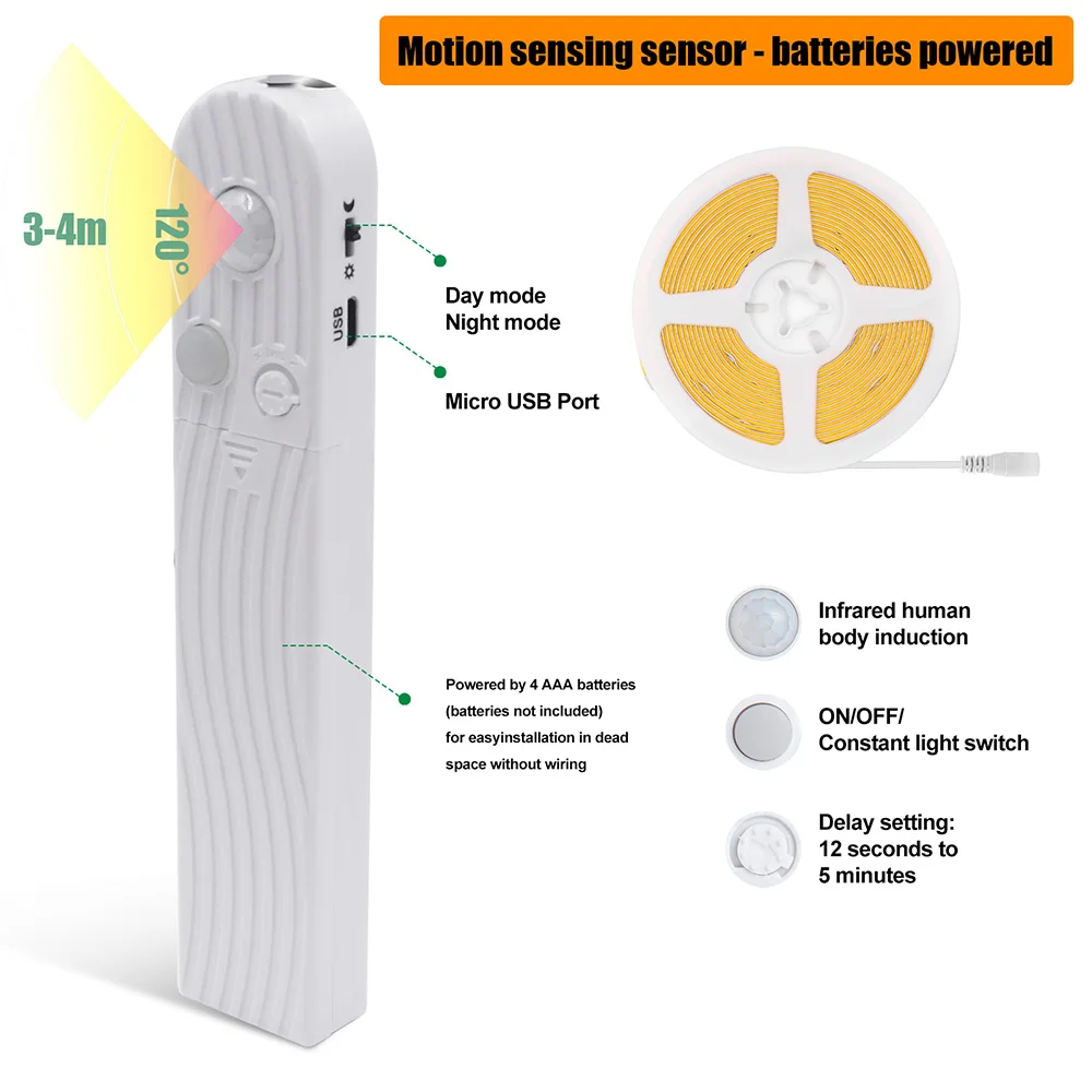 Bewegungsmelder, 5 V, LED-COB-Lichtleiste, batteriebetrieben, USB-betrieben, automatische EIN/AUS-Liner, Beleuchtungsdiode für Schrank, Kleiderschrank, Küche, Treppe – Detail 8