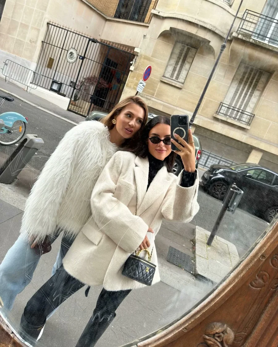 Winter New Women's Fashion White faux fur Effect straight cut loose Edition casual suit jacket
