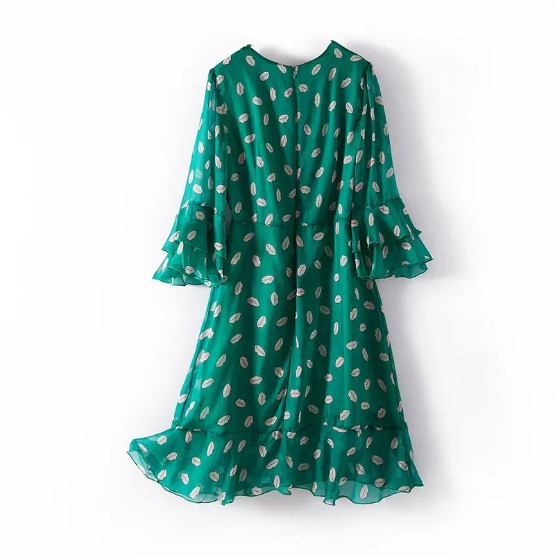 Mid-length Dresses For Women Fashion O-neck Green Dress Summer Dress Women Clothing Real Mulberry Silk Dress Vestidos De Mujer Z