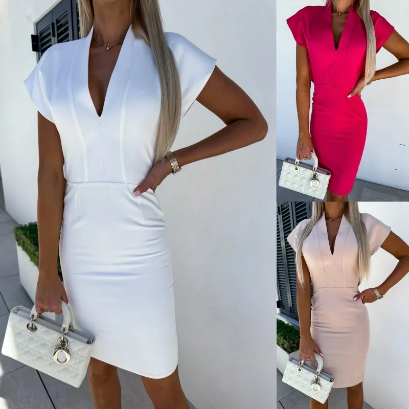 

Summer New Slim-fit Solid Color V-neck Temperament Commuter Dress Women