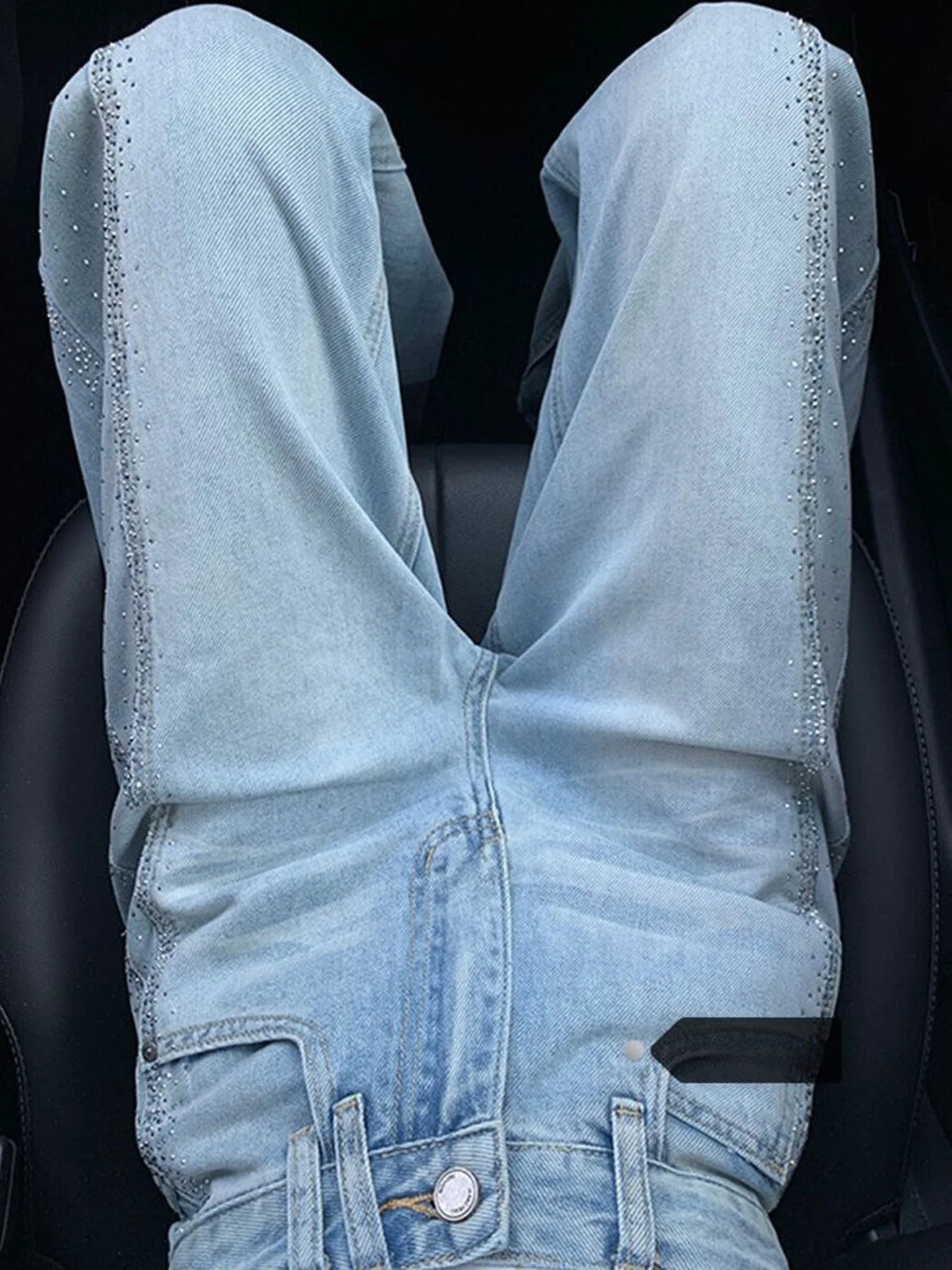

High Waist Slim Fit Straight Leg Denim Jeans Women's Summer New Design Diamond Embellished Drapey Wide Leg Retro Style