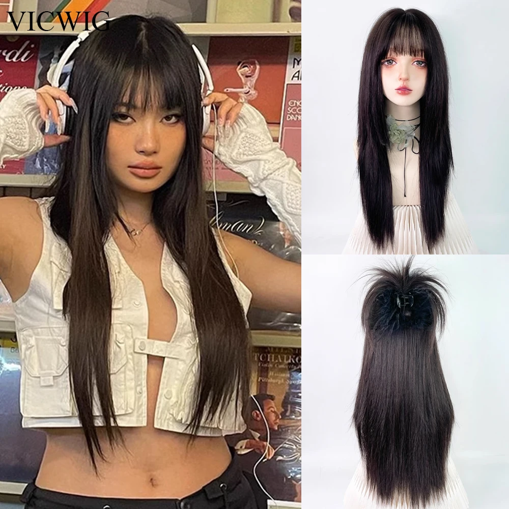 

VICWIG Black Long Straight Synthetic Women Wigs with Bangs Lolita Cosplay Nature Fluffy Hair Wig for Daily Party