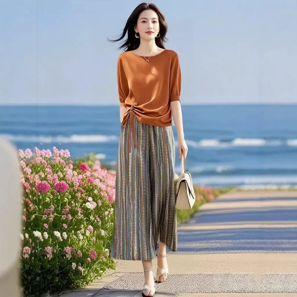

Summer Vacation Style Loose Sweater Set with Belly Cover Elastic Waist Slimming Wide Leg Pants Women's Fashion Outfit