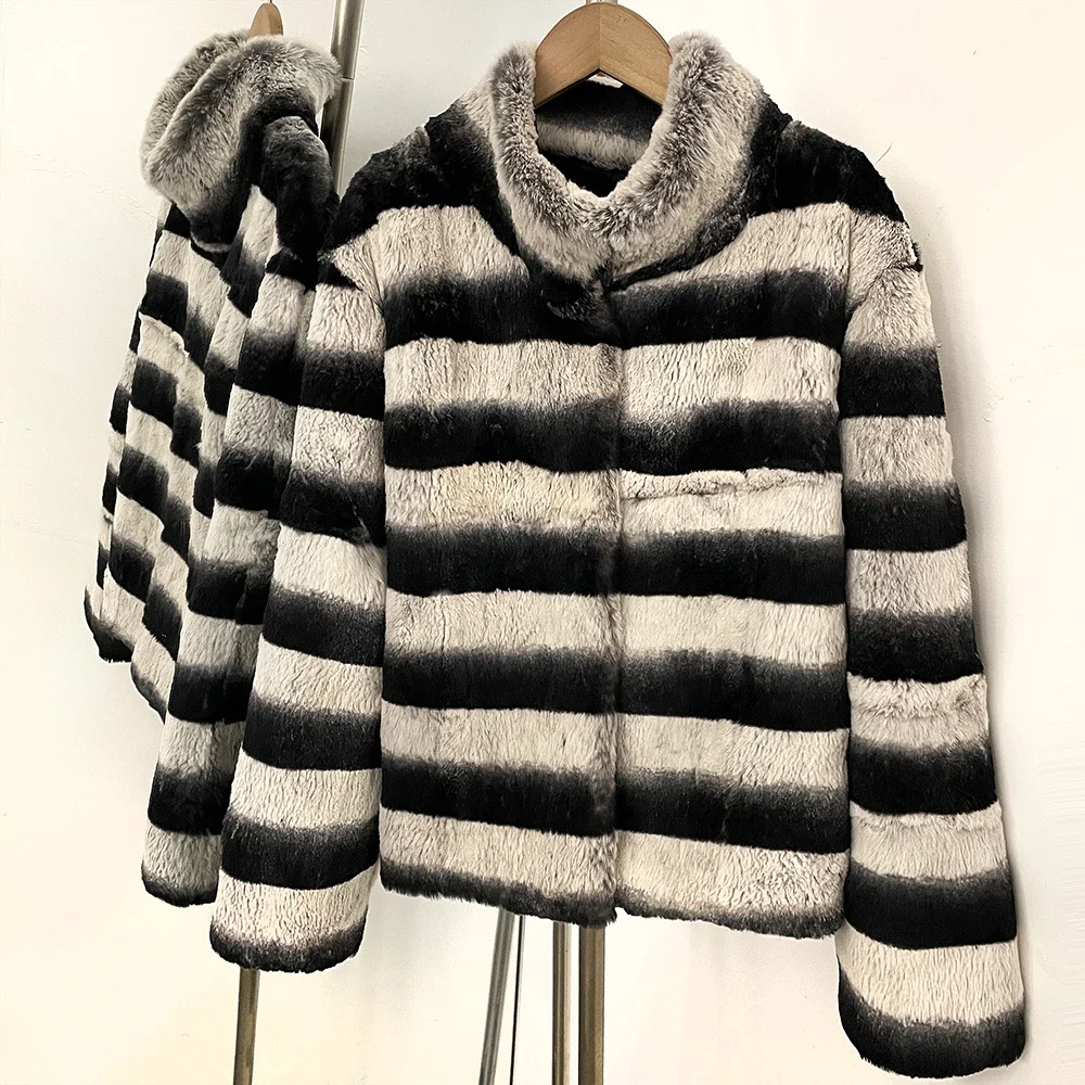 OFTBUY Stand Collar Natural Rabbit Fur Winter Jacket Female New Short Clothes Women Black White Striped Real Rabbit Fur Coat