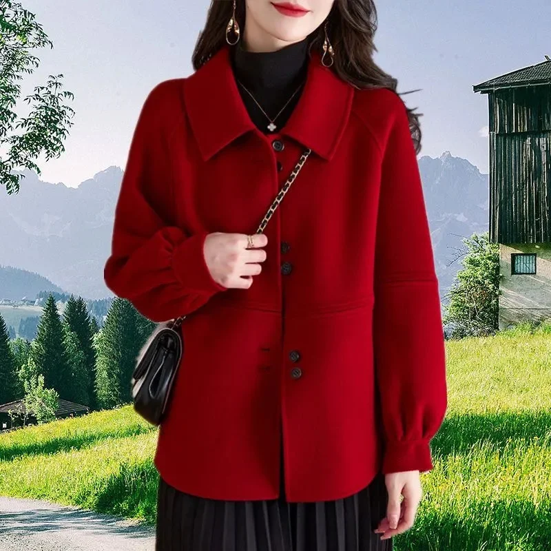 

Autumn Winter Ladies Solid Color Blend Jacket Korean Female Long Sleeves Wool Tops Outwear Women Fashion Loose Short Woolen Coat