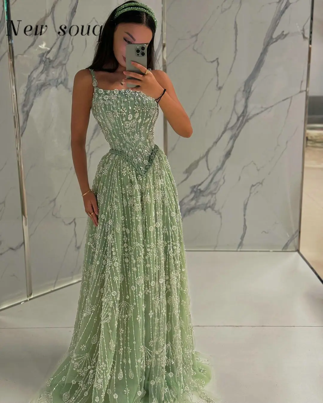 Sage Green Spaghetti Strap Evening Dresses A Line Beaded Sequin Formal Wedding Party Gowns Elegant for Women Customized