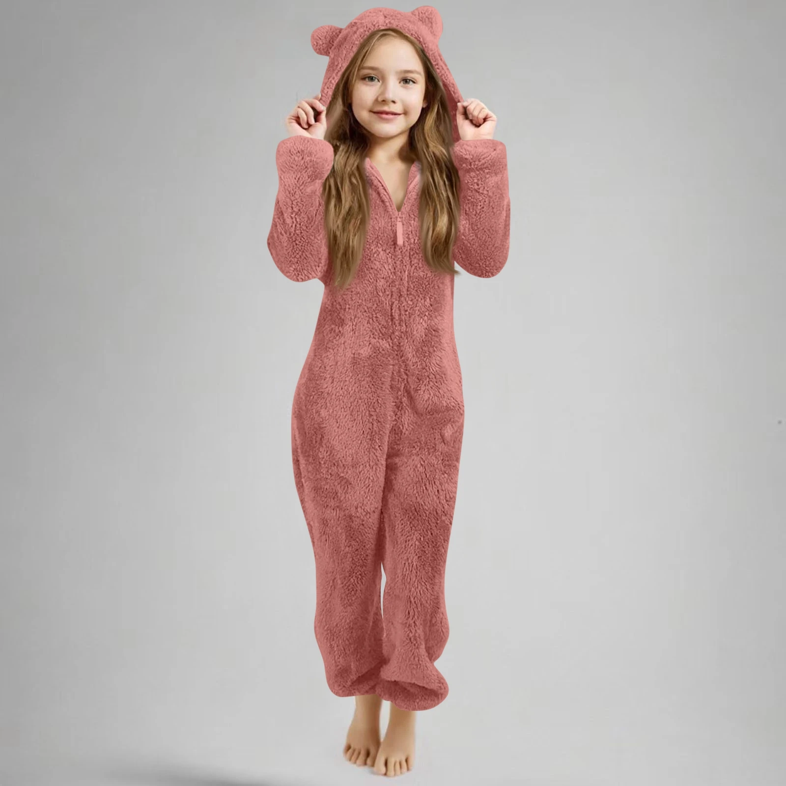 Autumn Winter Children's Pajamas Girls Thickened Hooded Jumpsuit Cute Hooded Long Sleeved Zipper Plush Warm Home Clothes