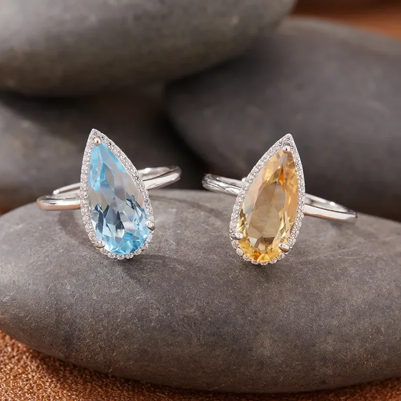 Personalized water drop shape s925 sterling silver colored treasure jewelry natural topaz citrine ring women's live broadcast