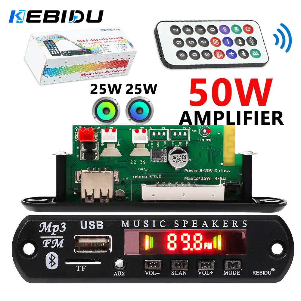 KEBIDU 50W Verstärker Bluetooth 5.0 MP3-Player DC 12V MP3-Decoder-Board DIY Heim-Musikmodul Freisprecheinrichtung FM-Radio-Lautsprecher für Auto