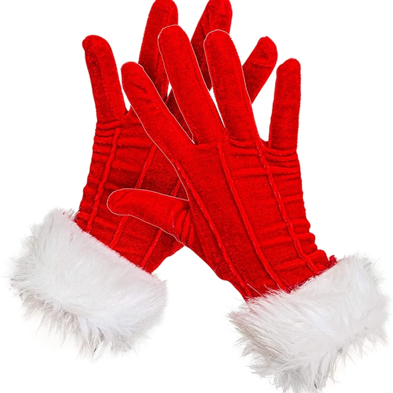 Luminous Christmas Gloves Red Velvet White Fur Cuff Warm Mittens with LED Ligtht Xmas Decor for Women Kids Costume Accessories