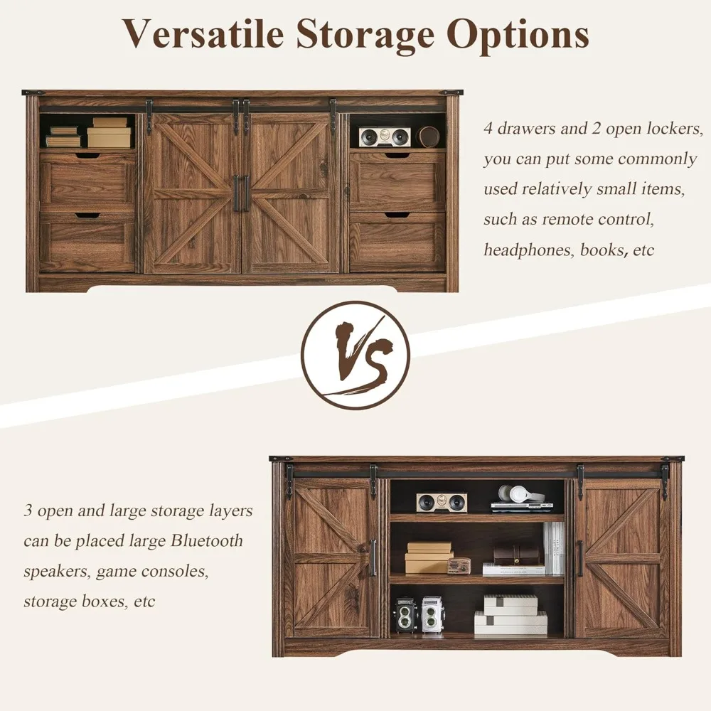 소박한 스타일의 75인치 이상 TV 스탠드, 32인치 높이의 엔터테인먼트 센터, 서랍 4개 및 슬라이딩 헛간 문 수납장 포함