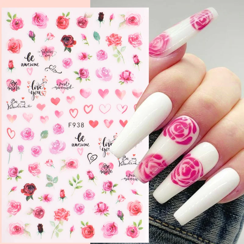3D 발렌타인 네일 아트 스티커, 쿨 레이디 하트 장미 꽃 슬라이더, 커피 케이크 접착 데칼 장식, DIY 매니큐어, 5 개