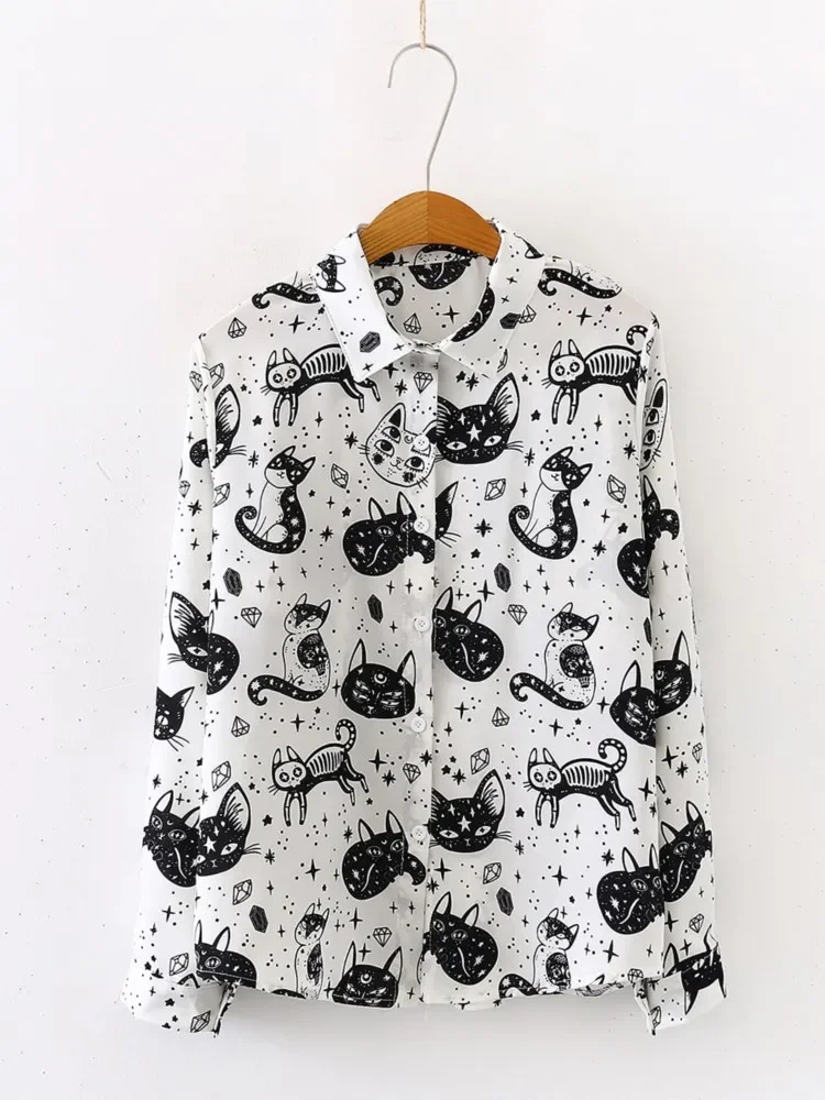 Camicia con bottoni stampati con gatto di nuova moda da donna primavera autunno Top a maniche lunghe con colletto casual in raso dal design ampio per le donne