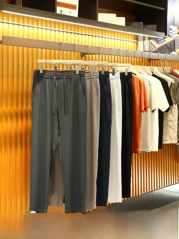 

Casual Smooth Silk Linen Blend Men's Pants Anti-Wrinkle Dra Spring Summer Trendy Straight Leg Elastic Waist