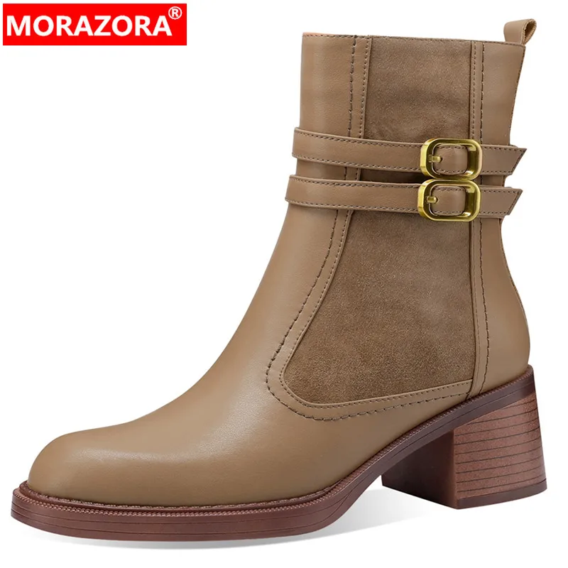 

MORAZORA 2024 New Genuine Leather Platform Autumn Boots Concise Female Zipper Ankle Boots Buckle Square High Heels Boots