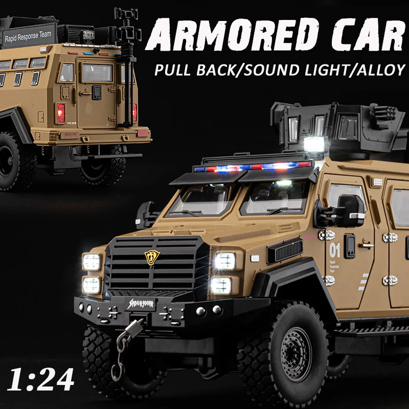 

1/24 Sword Toothed Tiger Armored Diecast Metal vehicle simulation alloy police model car Collection Sound Light Childrens gifts