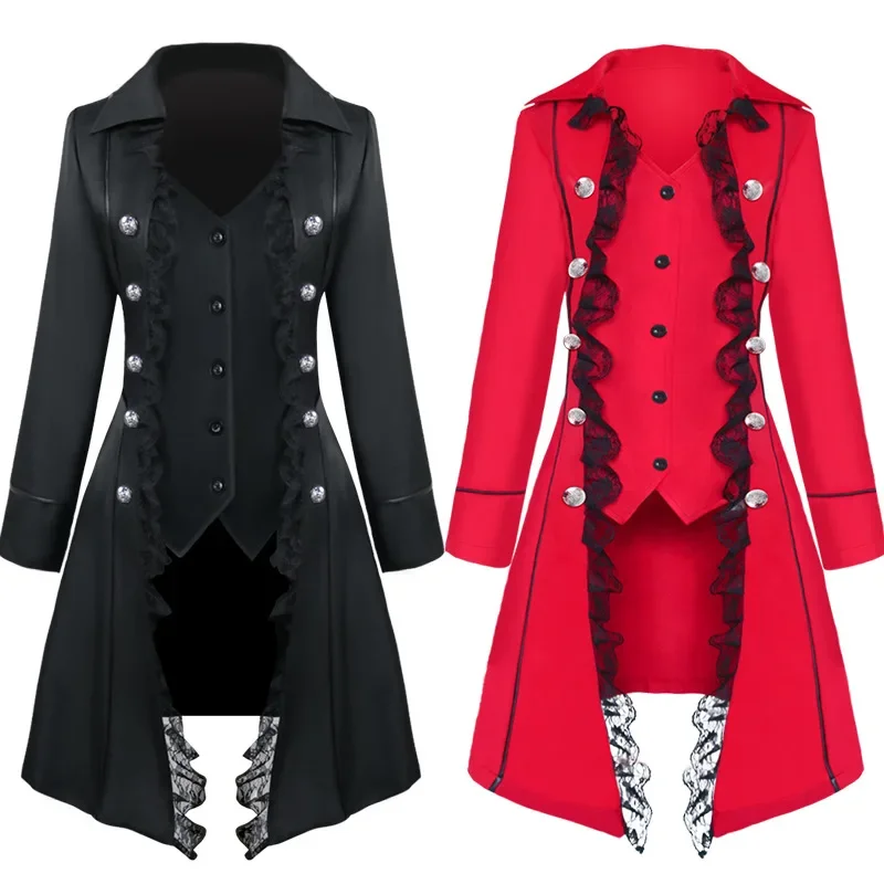 Abito medievale da donna Steampunk Pirate Cosplay Costumes Lace Trim Single Breast Jacket Coat abbigliamento gotico vittoriano Halloween