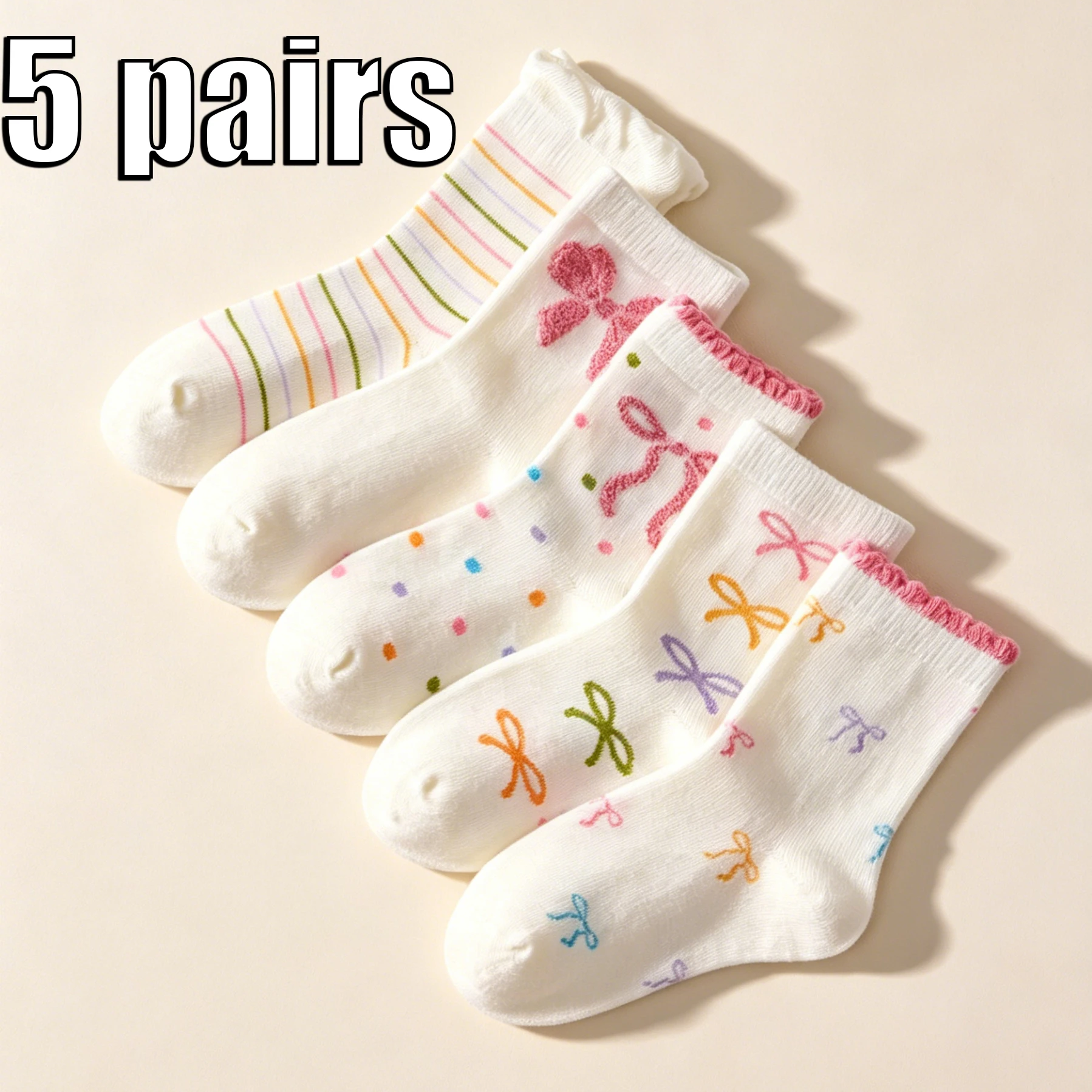 5 Pairs Girls Crew Socks All‑Season Flat Knit Socks Cute Bow Stripe Dots Print Kids Mid‑Calf Socks For Little Girls Daily Wear