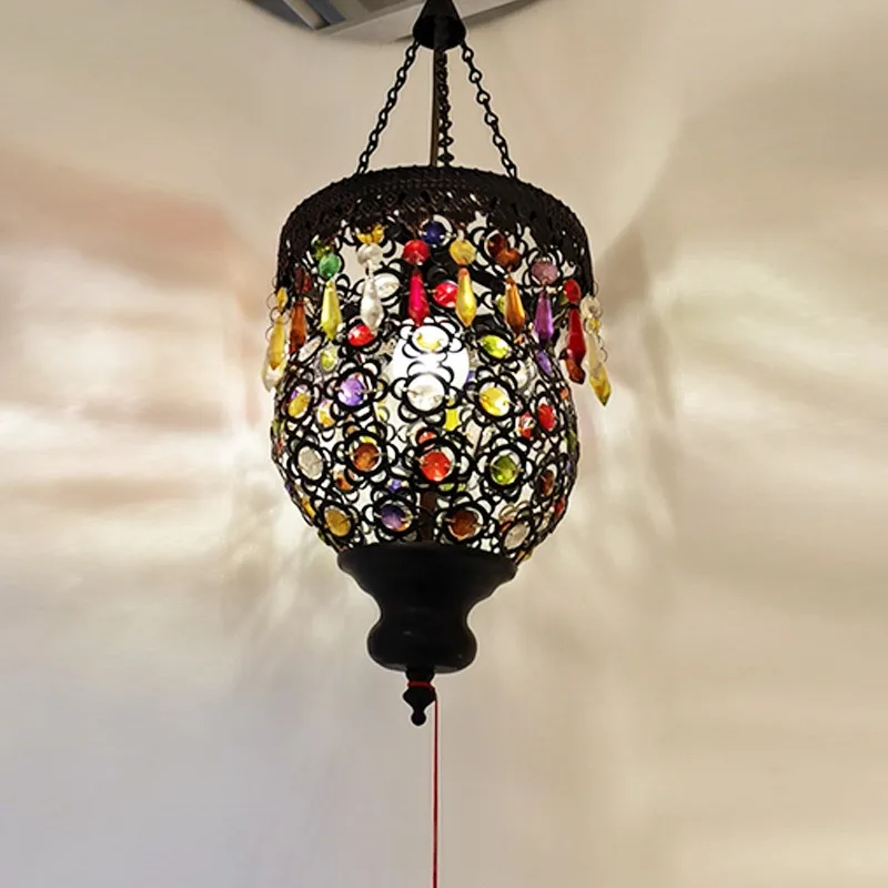 

Manse coffee small chandelier Dai Thai hollow iron crystal bead chandelier, Morocco South East Asia style lamp