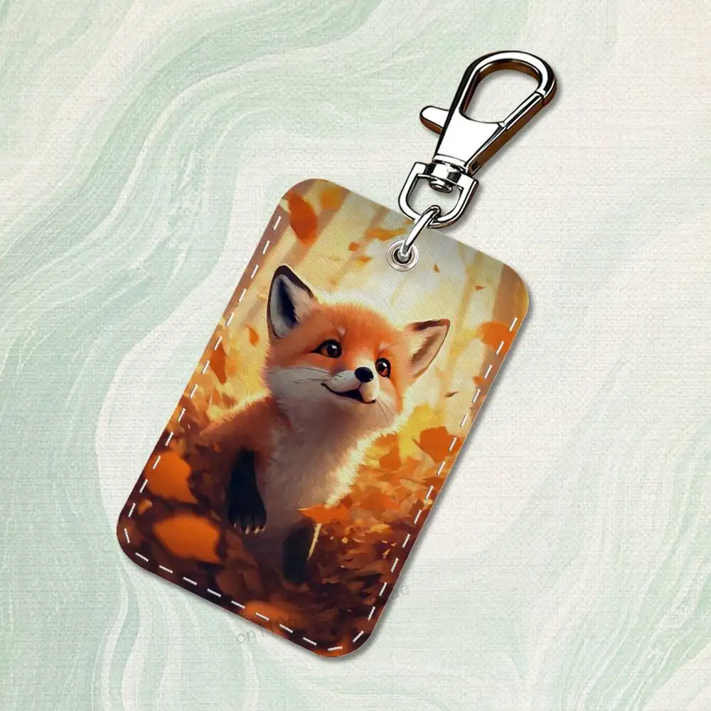 Legal animal raposa retângulo caso de cartão chaveiro saco de cartão de acesso chaveiro titular do cartão de couro chaveiro acesso