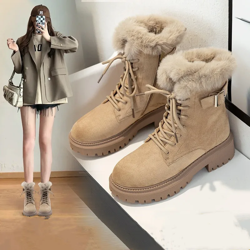 Platform Snow Boots Women\'s Winter Shoes Plush Warm Thicken Cow Suede 6 Boots British Style Fashion Lace-up Women Shoes