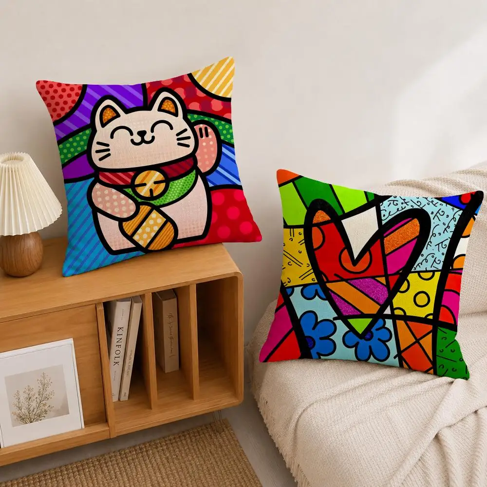 Artist Romero Britto Cushion Cover Natural Linen Pillowcase Set, All-in-One Decor for Sofa, Bedroom & Chair