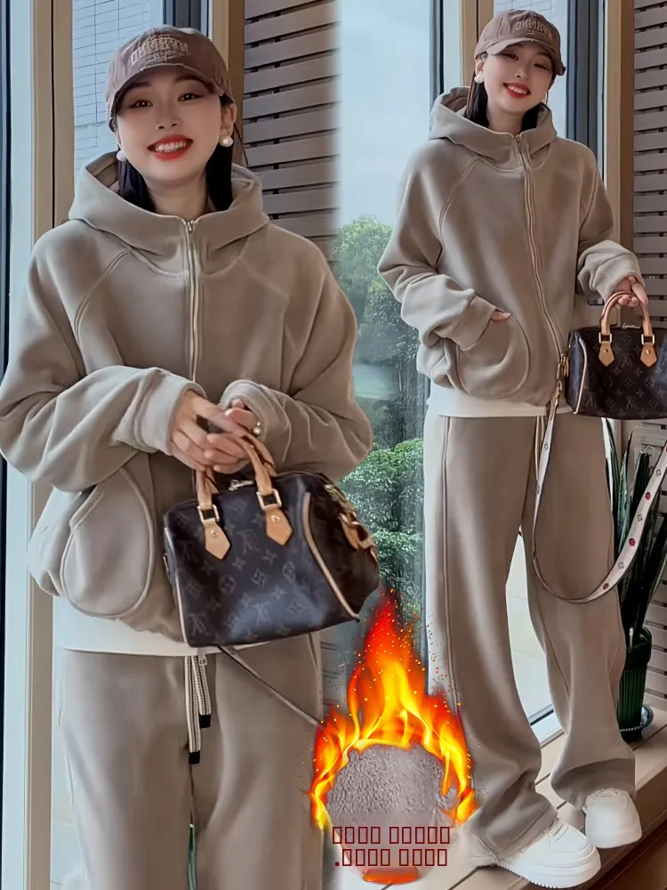 

Женский повседневный спортивный комплект: толстовка с капюшоном и широкие брюки, теплый зимний вариант без меха, на молнии, с высокой талией