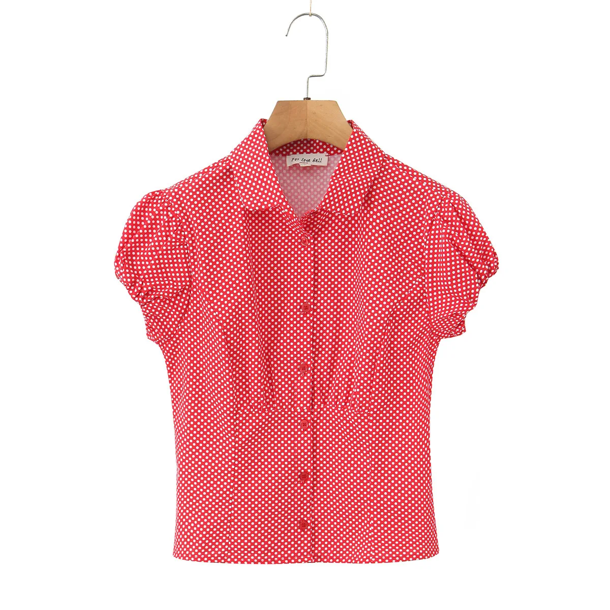 

Элегантная красная рубашка в американском стиле в горошек с короткими рукавами и воротником, однобортная рубашка с пышными рукавами в горошек, повседневная женская рубашка Charm AC9O