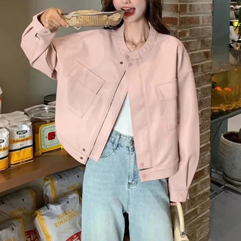 

Faux Leather Jacket Women Pink O Neck Short Loose Motorcycle Jackets Female Zipper Pocket Womens PU Leather Coat Spring Autumn