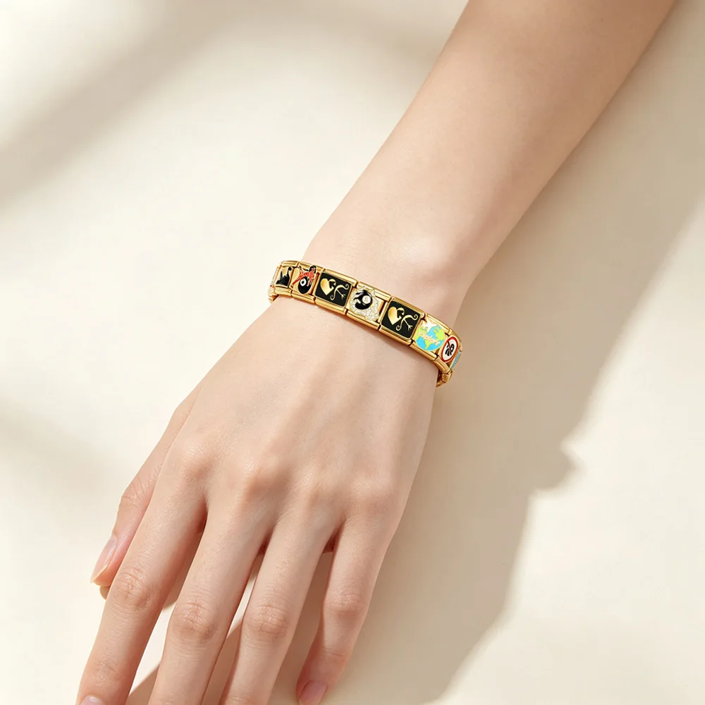 9mm Klassisches Italienisches Armband mit Charms in Goldfarbe, Totenkopf-, Reise-, Planeten-, Katzen- und Billardmuster, Edelstahl-Schmuck, Geschenk – Detail 2