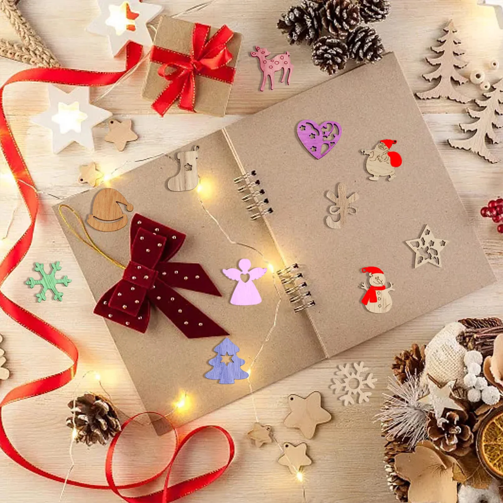 

100pcs Christmas Decor Pendant Creative Wooden Xmas Element Hanging DIY Color Origin Color Wooden Pendant New Year Decorations