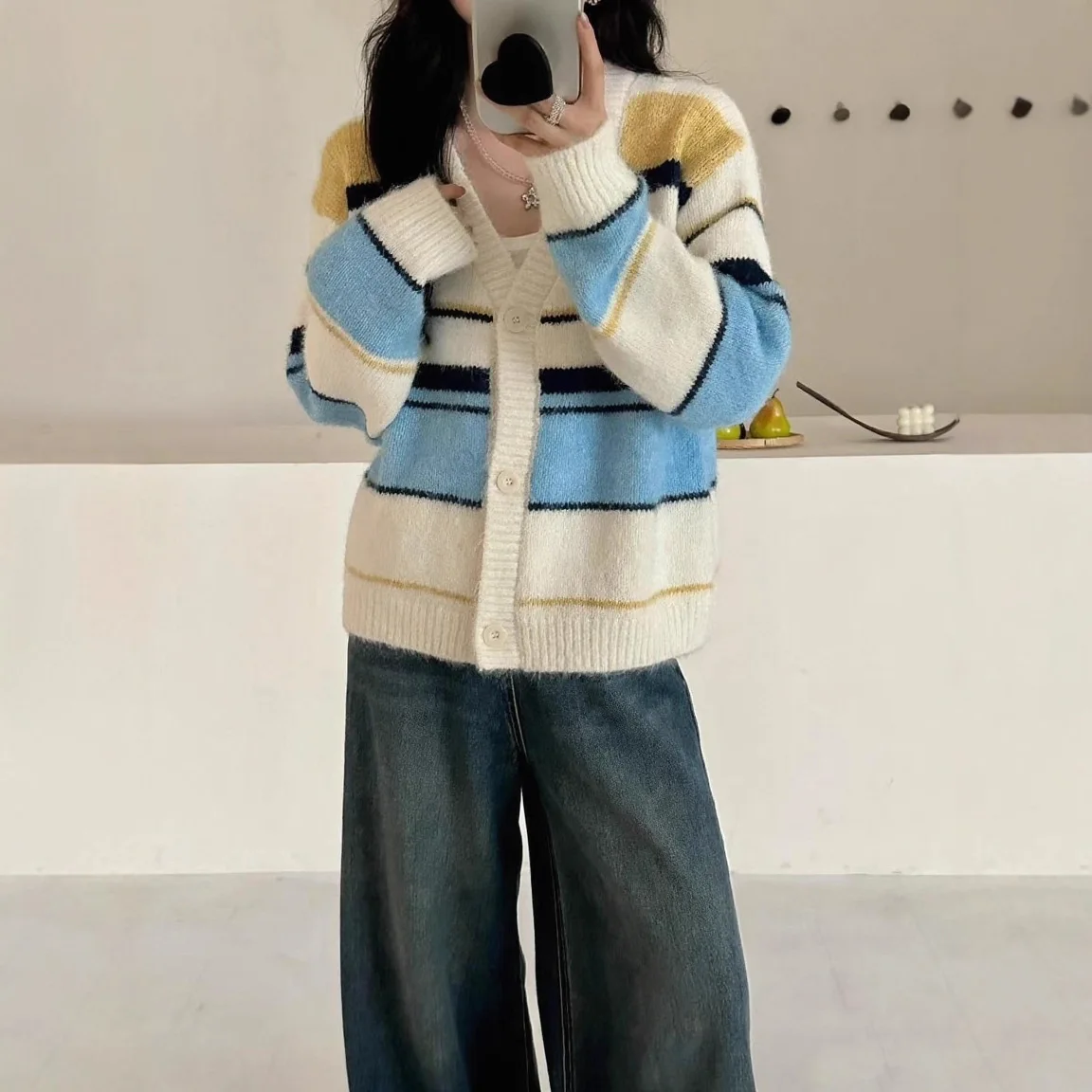 

Women Stripe Knitted Cardigan Sweater Color Blocked Jumper Patchwork Long Sleeve V Neck Single Breasted Loose Casual 2025 Autumn