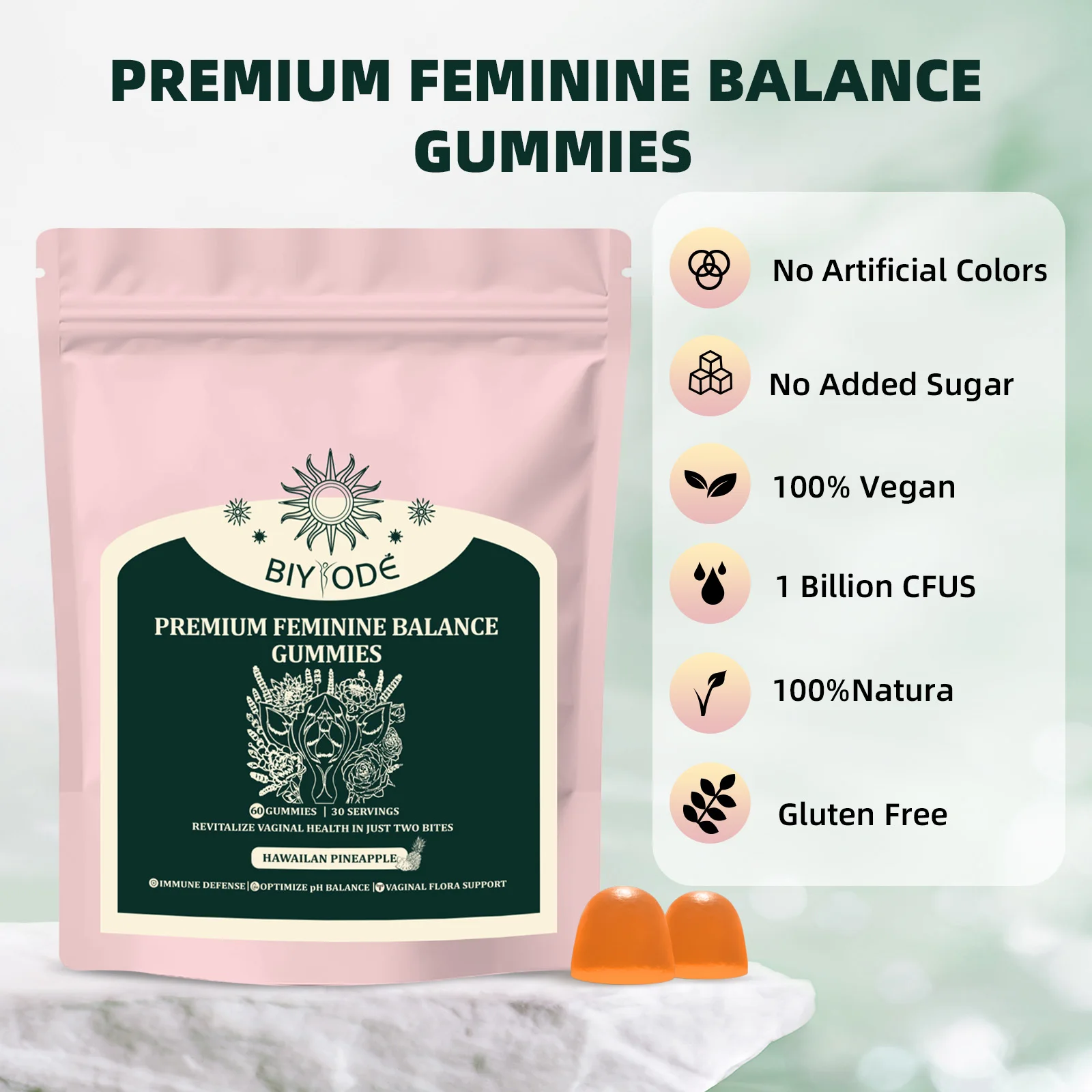 BIYODE 2Bags Premium Feminine Balance Gummies Ph Maintain Vaginal Ph Balance Healthy Vaginal Flora &Yeast Balance 60pcs