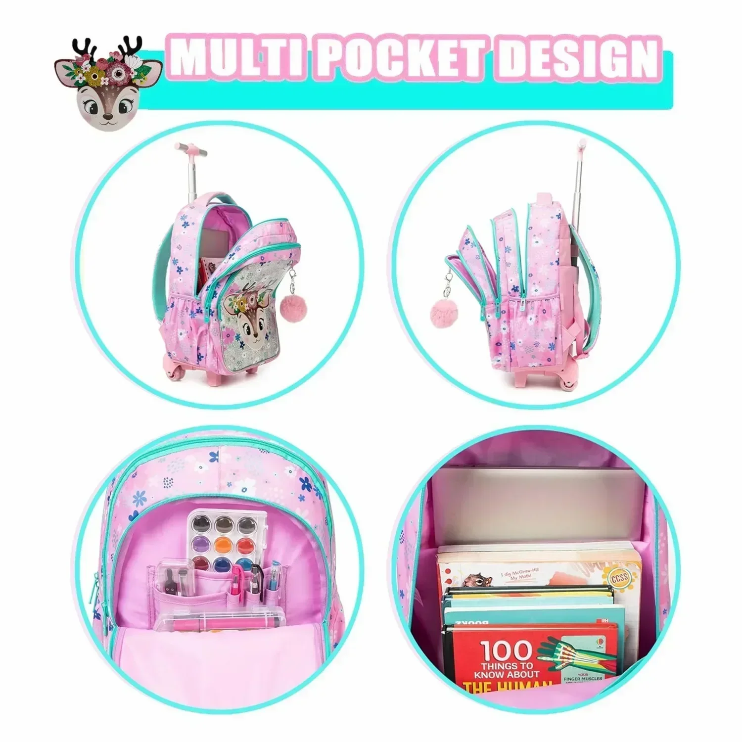 3PCS School Backpacks for Children School Wheeled Backpack for Girl Boys School Bag with Wheels Trolley Luggage Elementary Bag