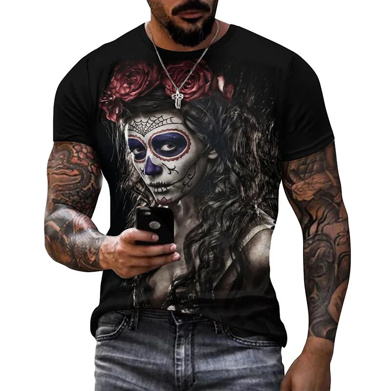 Koszulka graficzna z meksykańską czaszką dzień śmierci dla mężczyzn damska odzież Graffiti Horror Goth T-shirty moda Streetwear topy koszulki