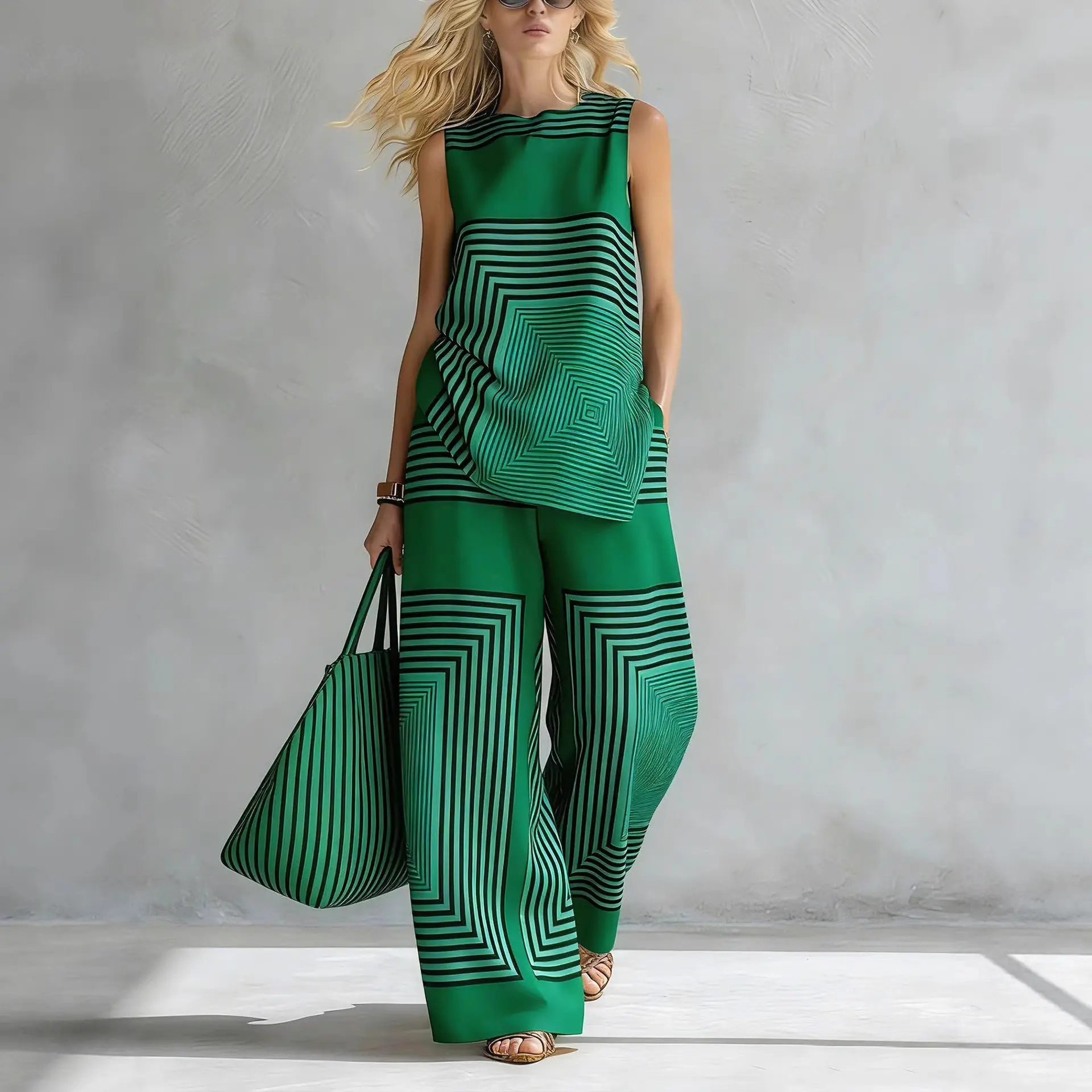 

Geometric Striped Printed 2Piece Set for Women Sleeveless O-Neck Asymmetrical Hem Vest Top & Wide Leg Pants Matching Suit