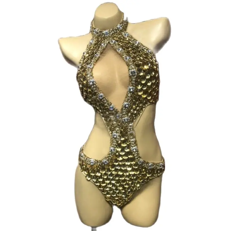 Gold Big Stones Cutout Bodysuit Sexy Pole Dance Outfit Women Party Gogo Dancer Costumes Nightclub Ds Dj Stage Rave Wear XS6945