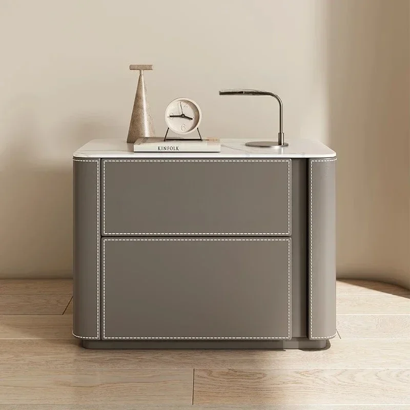 A Saddle leather veneer bright wear-resistant rock slab light luxury bedside table premium storage box