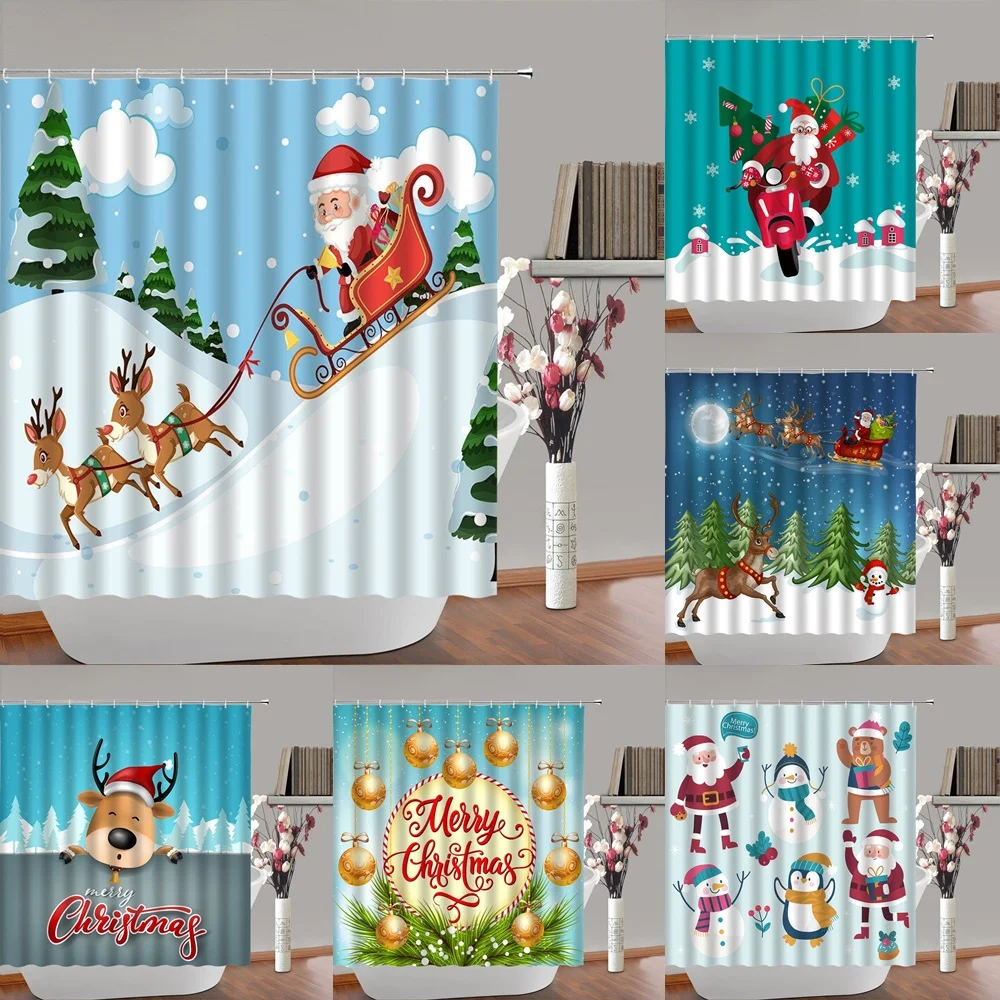 

Funny Santa Claus Winter Shower Curtain Christmas Reindeer Elk Golden Ball Bath Curtain Bathtub Screen Bathroom Decor Waterproof