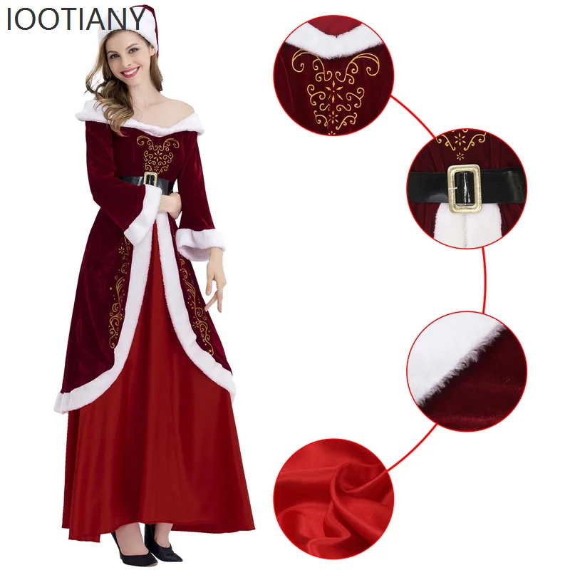 ชุดคอสเพลย์ซานตาคลอสสำหรับผู้หญิง ชุดเดรสสีแดงเซ็กซี่สำหรับงานปาร์ตี้คริสต์มาส ปีใหม่ และการแสดงบนเวที ปี 2025