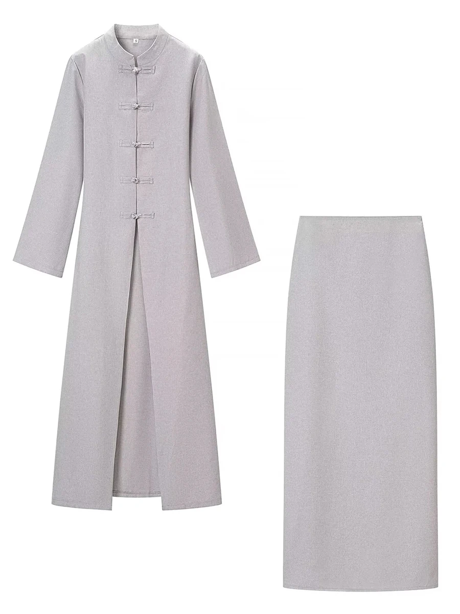 TWOTWINSTYLE Button Spliced Lace Up Loose Two Piece Set for Women Stand Neck Long Sleeve Coat High Waist Midi Skirt Sets Female