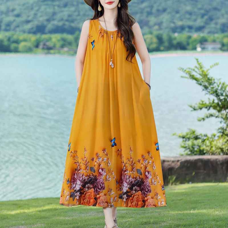 

Новое модное летнее платье 2025 для женщин, элегантное платье больших размеров, повседневное длинное платье без рукавов с принтом, женская одежда