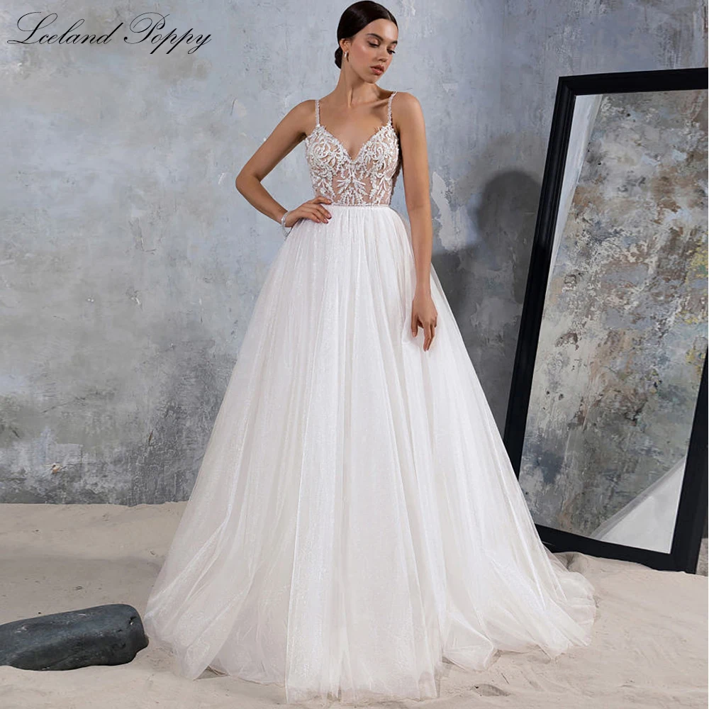 Lceland Poppy Customized A Line V Neck Crystal Beaded Tulle Wedding Dresses Floor Length Sleeveless Backless Bridal Gowns