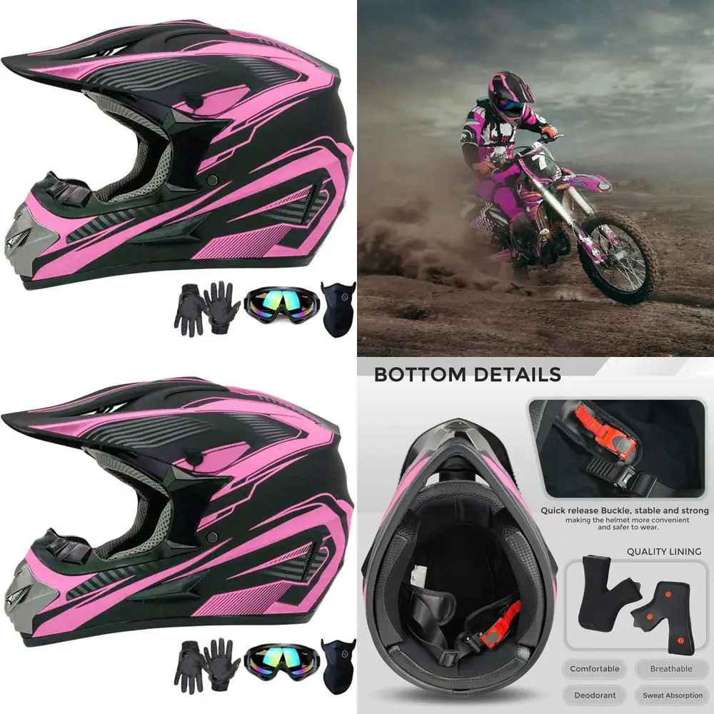 

Youth & Adult Motocross Helmet Set with Gloves, Goggles, and Mask - Pink, Large