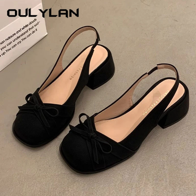 Oulylan повседневные однотонные туфли-лодочки для женщин, элегантные туфли на высоком каблуке с квадратной головкой, женские стильные босоножки на среднем каблуке с бантом, размеры 35-40