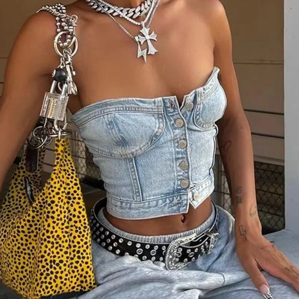 Vintage Women Fashion Short Tube Tank Tops Strapless Denim Bandeau Sleeveless Crop Vest Club Party Costume Strapless Jeans Vest