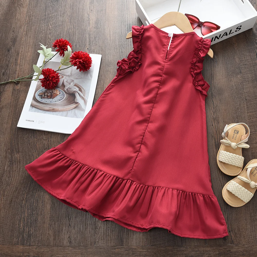 2-7 Years Old Summer New Korean Version Girls Round Neck Sleeveless Pleated Lace Princess Dress Solid Color Kids Casual Clothes