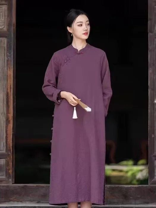 جديد المرأة الصينية Sle الخريف الرجعية زن العقل الجانب زر تعديل تشيباو تنورة Faionable التقليدية طويلة Sve irt #4