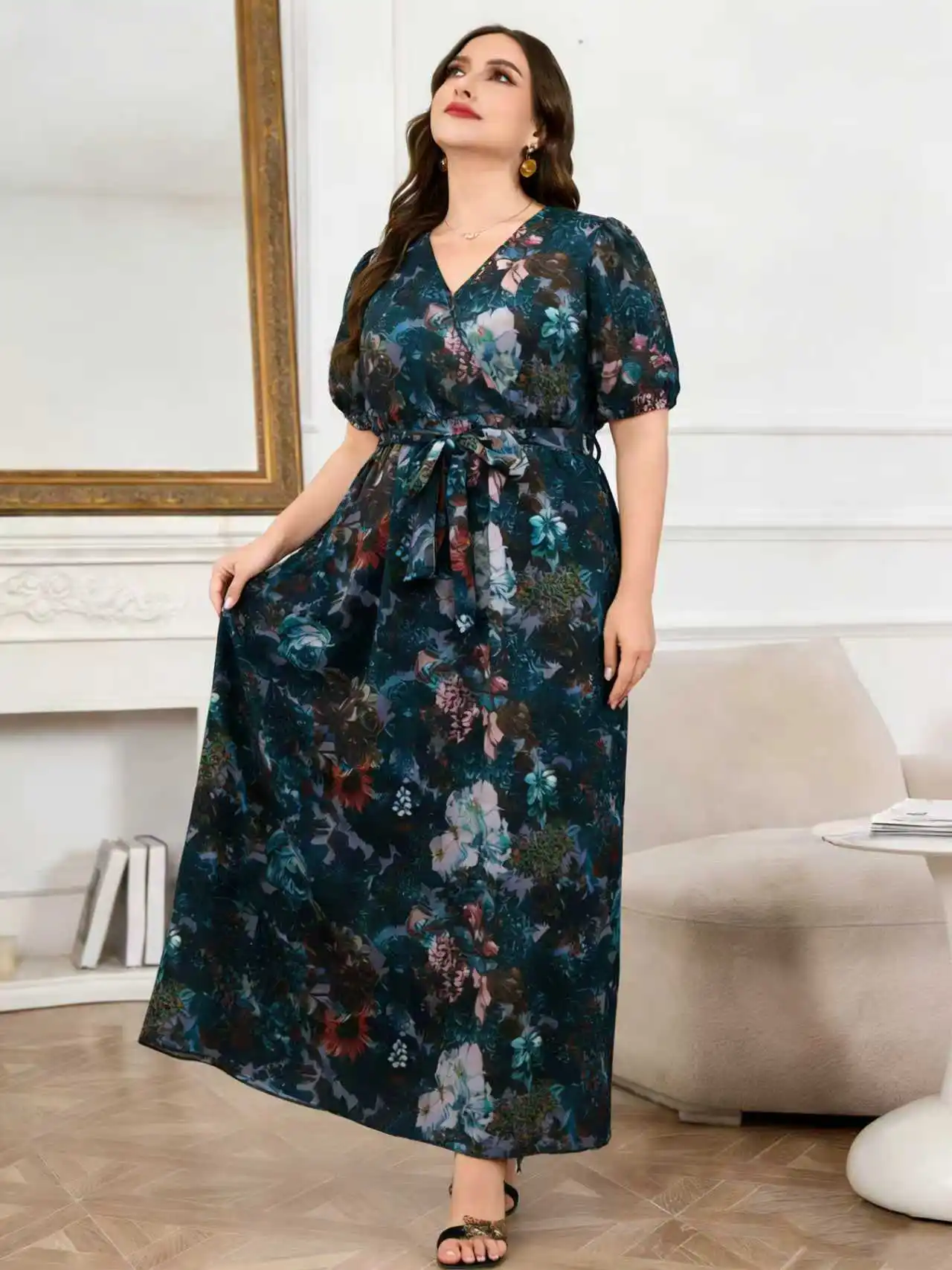 2026 New Arrival Plus Size Women Dark Floral Dress Wrap V Neck Puff Sleeve Tie Waist Long Flowy Chiffon Maxi Dress Daily Party W view 4