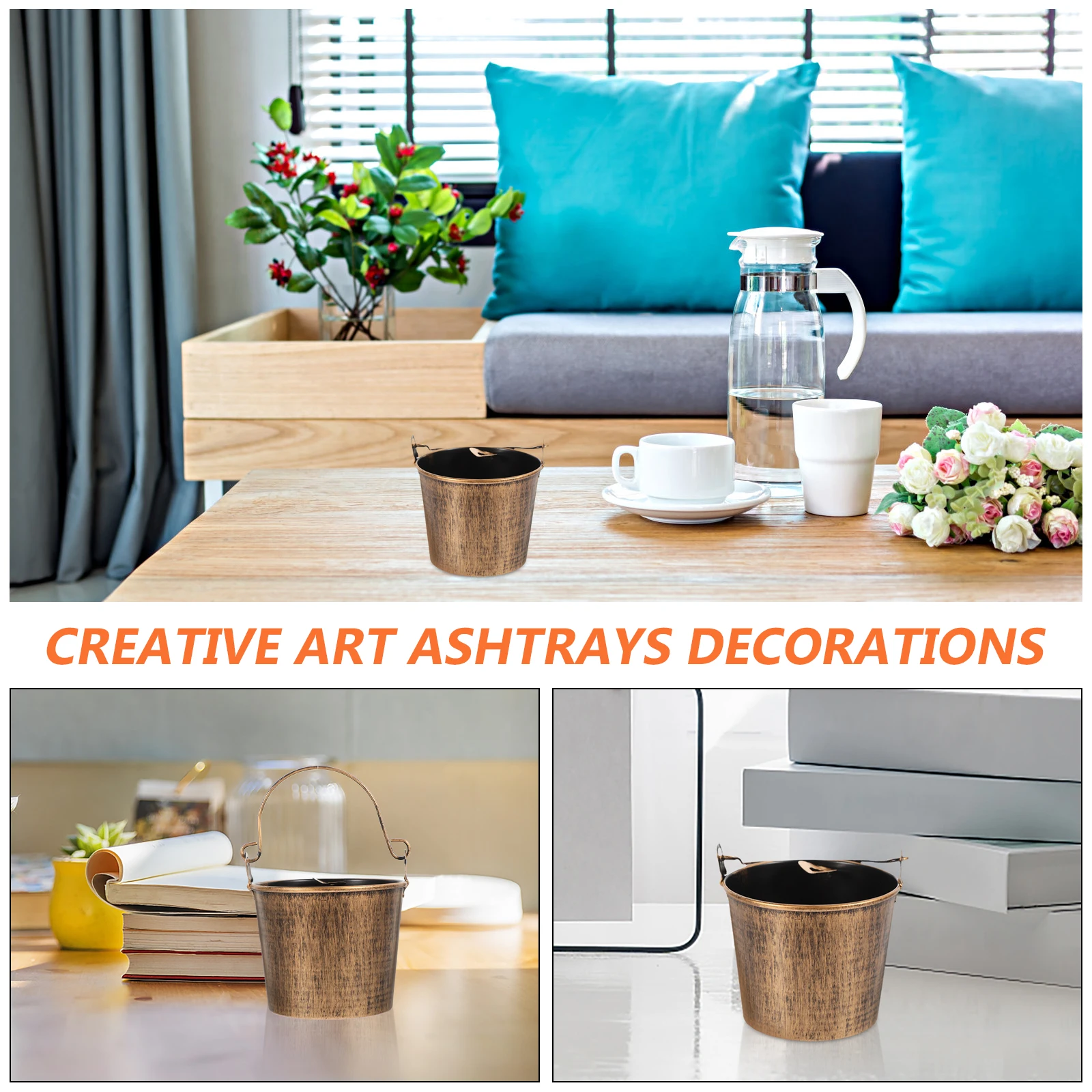 

2Pcs Iron Ashtray Retro Desktop Bucket Shaped Smoke Container Home Ornament Fashion Cigarette Holder Delicate Decor